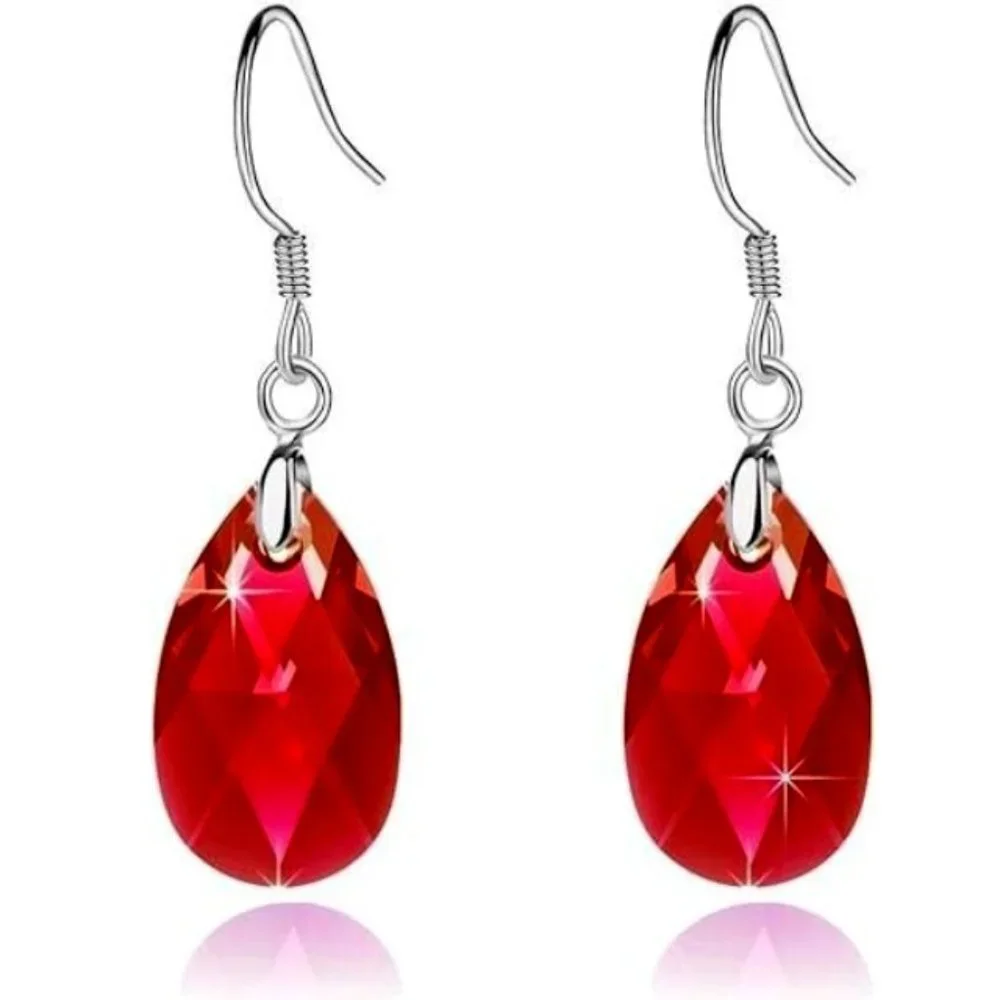 SOLD-Fashion Jewelry Dangle Drop Red and Silver Crystal Tear drop Earrings - Picture 1 of 3